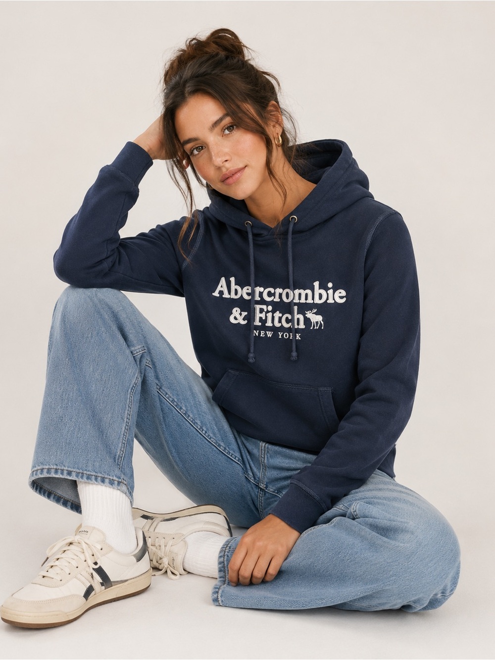 Abercrombie & Fitch Navy Pullover Hoodie with White Logo